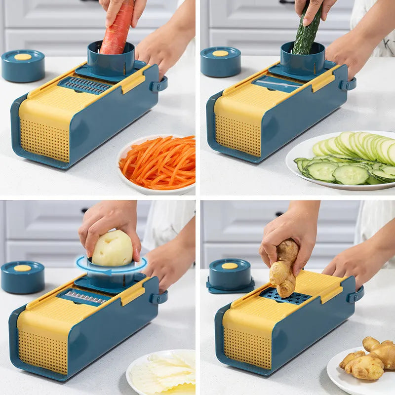 Hand-push vegetable grater with 4 stainless steel blades and hand guard on countertop