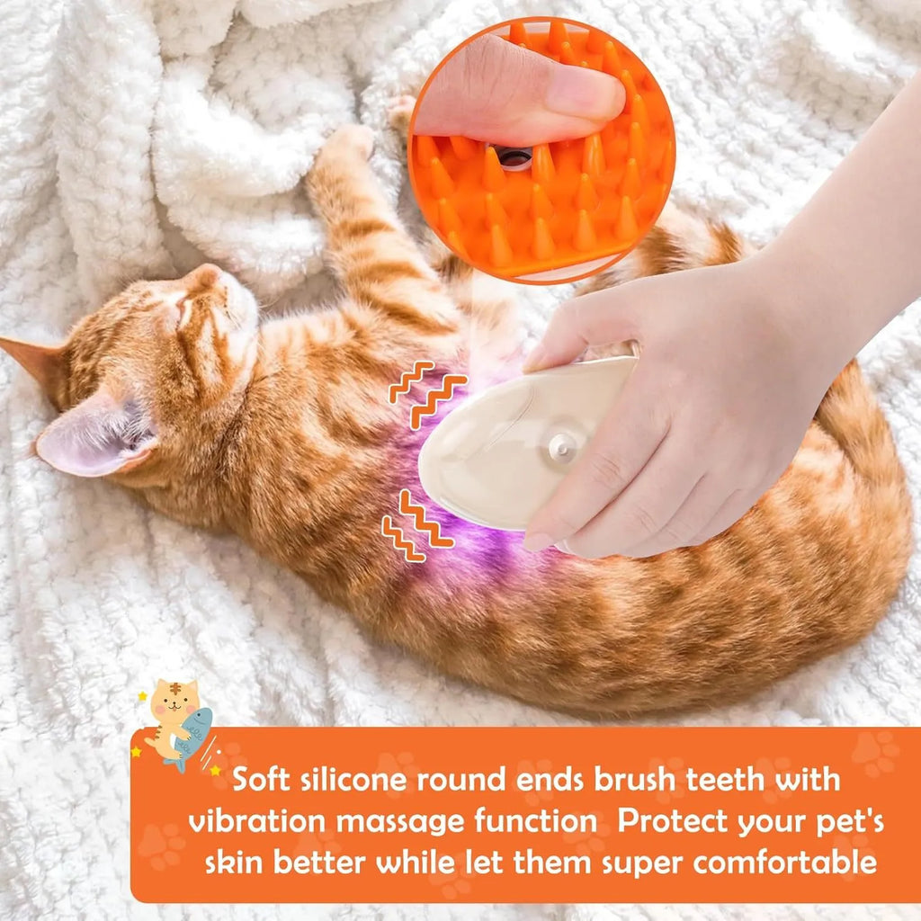 Yellow 4-in-1 cat steam brush with silicone bristles, water tank, and ringworm detector lamp.