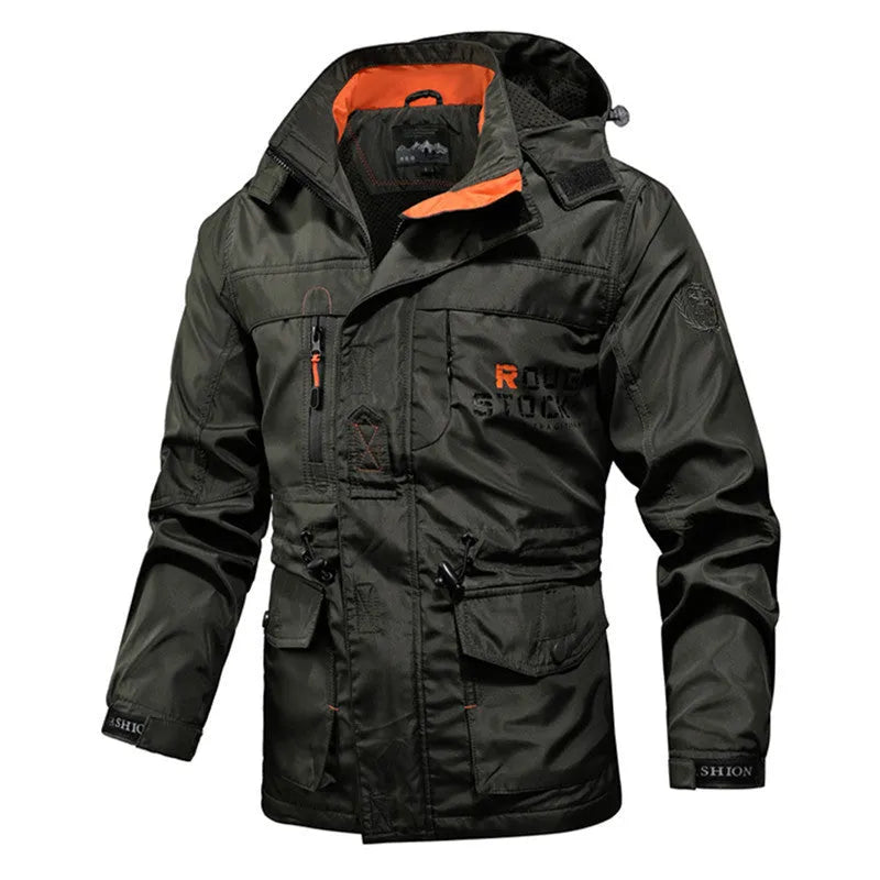 Waterproof windproof mountaineering jacket in khaki, 100% polyester, non-iron finish, sizes M to 4XL