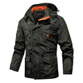 Waterproof windproof mountaineering jacket in khaki, 100% polyester, non-iron finish, sizes M to 4XL