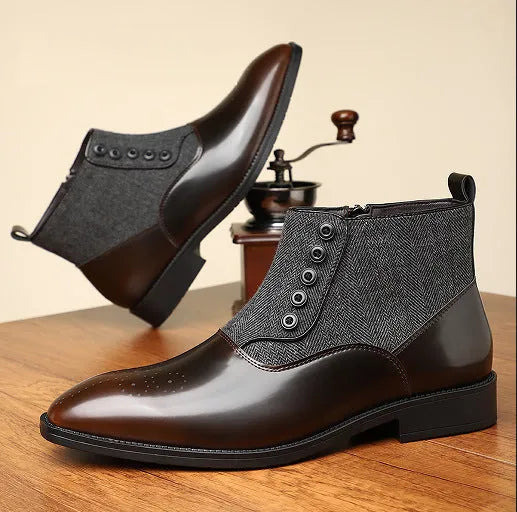 Men's brown retro formal business shoe with side zip, square toe, and low square heel on a rubber sole.