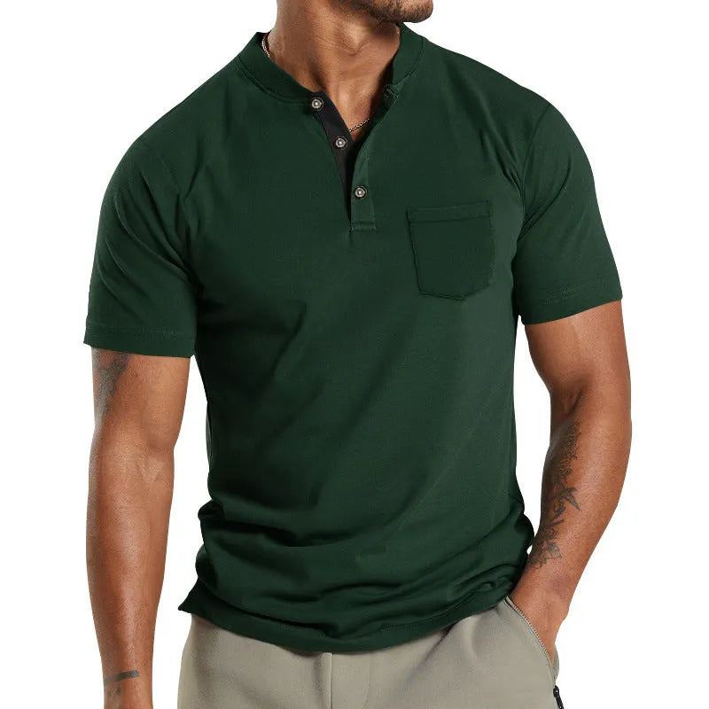 Men's plus size short sleeve button-down shirt in light khaki with a chest pocket.