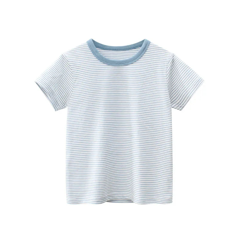 Cotton striped short sleeve baby bottoming shirt for boys in fruit green white, 90-140cm