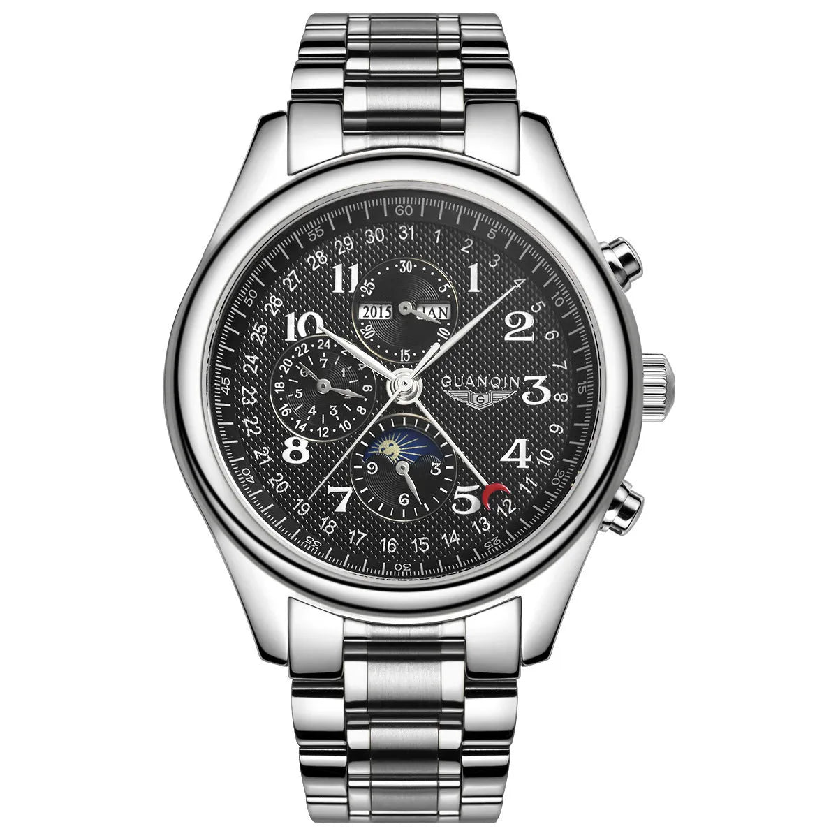 Men's mechanical perpetual calendar watch with moon phase display and luminous hands