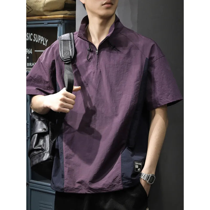 Brown men's half-zip casual shirt with stand collar and short sleeves showing ice silk fabric texture