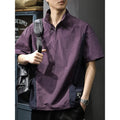Brown men's half-zip casual shirt with stand collar and short sleeves showing ice silk fabric texture