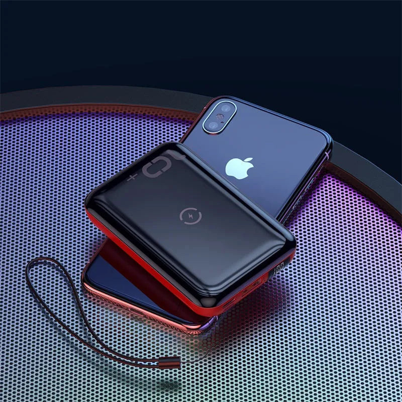 Small square wireless fast charge power bank with digital display showing battery percentage