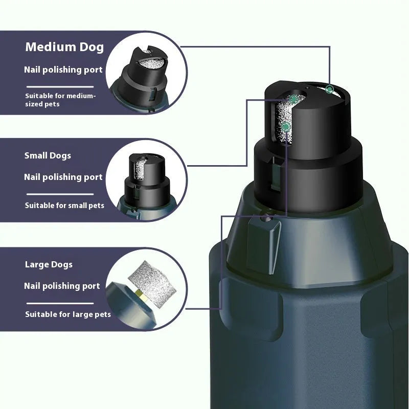 Dark blue pet nail grinder with rotary speed knob, LED light, and fine grinding head.