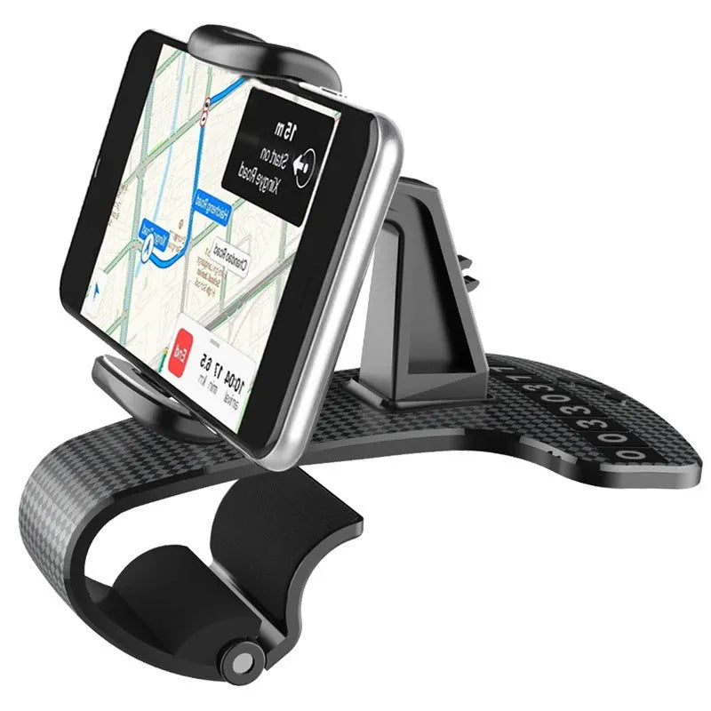 Black adjustable car phone holder with 360-degree rotating head on a car dashboard.