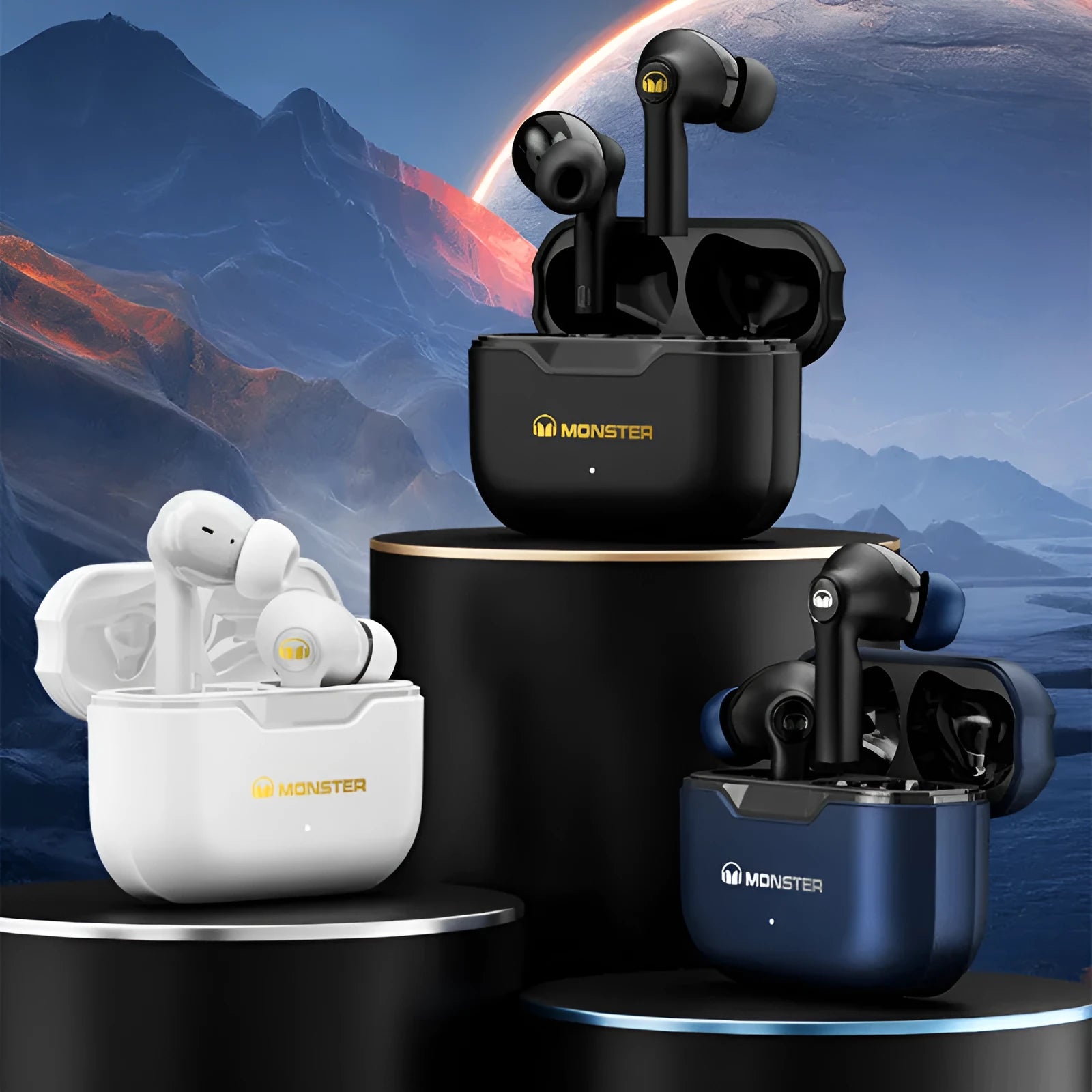 Wireless Bluetooth headset with black earpieces showing in-ear design and USB charging port