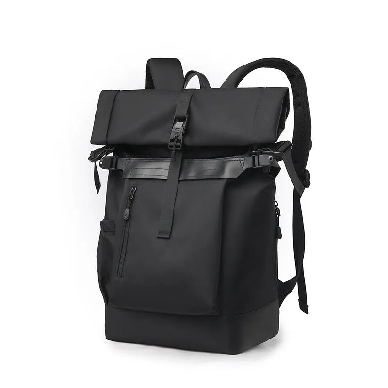 Men's nylon waterproof backpack in solid black for business commute and outdoor travel