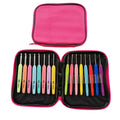 Complete set of 16 crochet hooks with soft and hard handles, sizes 1.0mm to 6.0mm, inside a grey PU storage bag.