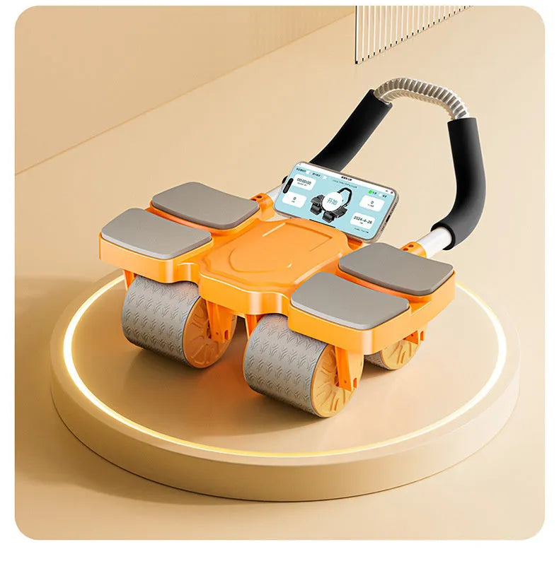 Abdominal exercise wheel with four wheels and automatic rebound mechanism, shown next to a smartphone displaying its fitness app.