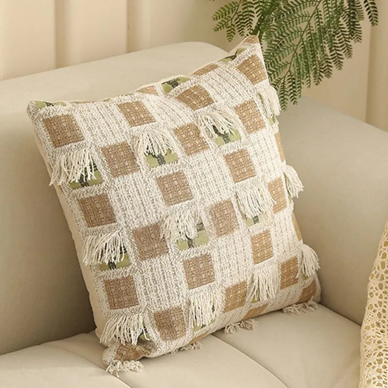 Close-up of a beige and green floral Jacquard woven cushion cover with textured pattern, 45cm square.