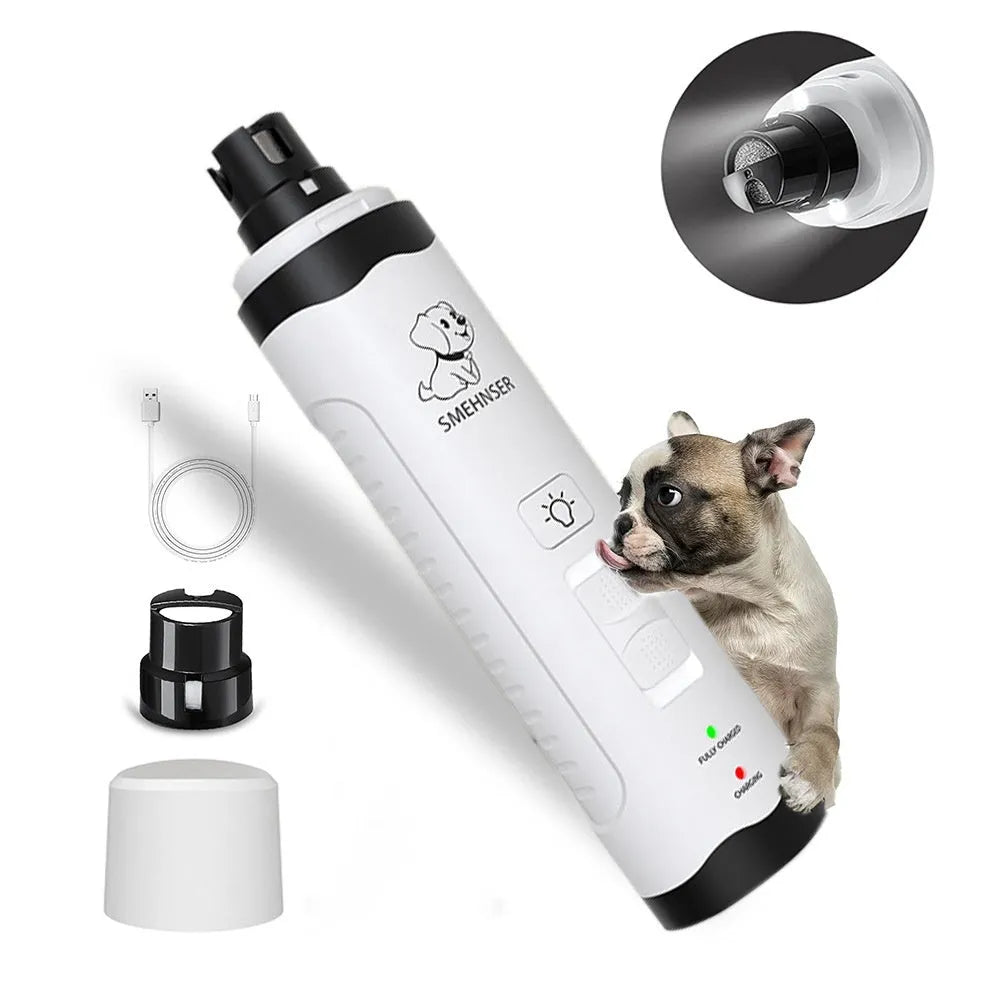 Electric dog nail grinder with automatic piercing head, LED display, and handheld design on a white background.