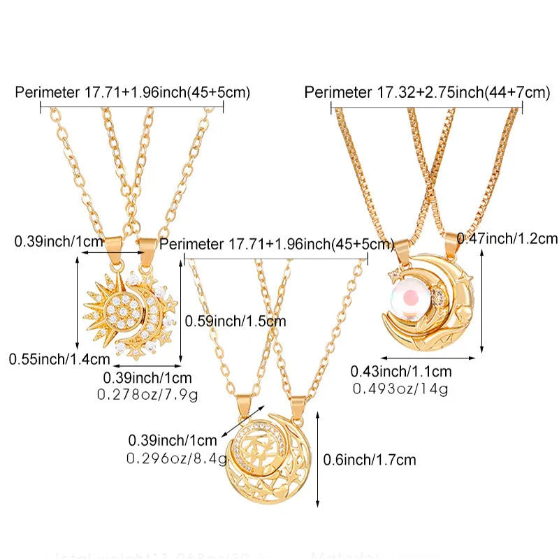 Two copper sun and moon magnetic pendant necklaces on a white background, clavicle chain length, set for couples