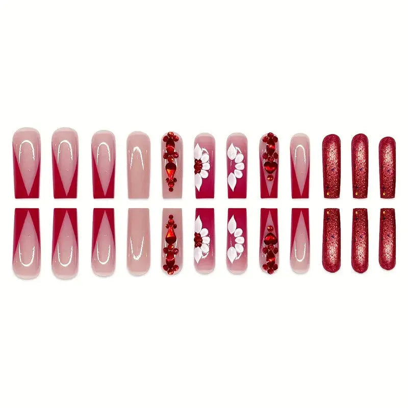 Sweet flowers temperament prismatic red diamond removable fake nails with long European Square shape