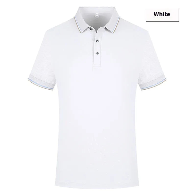 men's casual polo shirt in white with lapel collar and short sleeves, pearl cotton fabric
