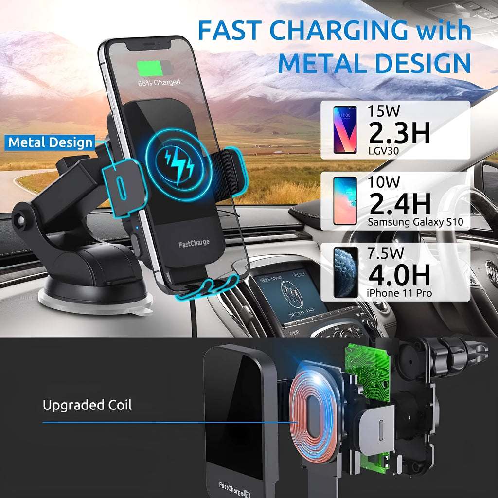 Black bare metal 15W fast wireless car charging stand on a dashboard with air vent clip.