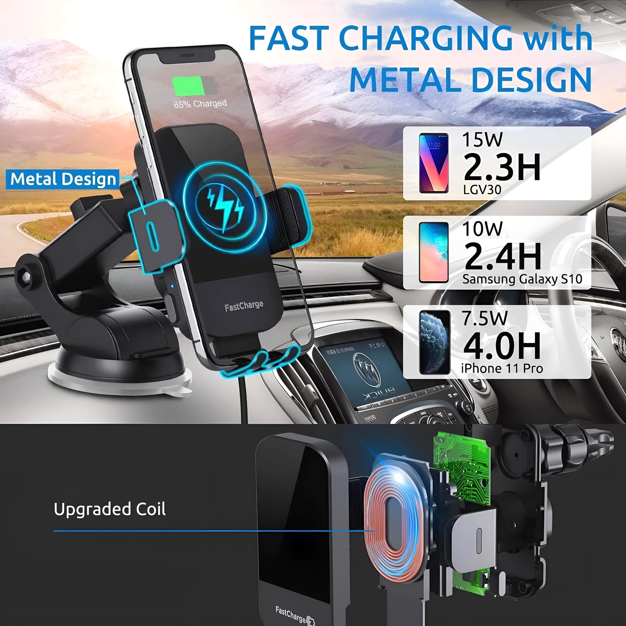 Black bare metal 15W fast wireless car charging stand on a dashboard with air vent clip.