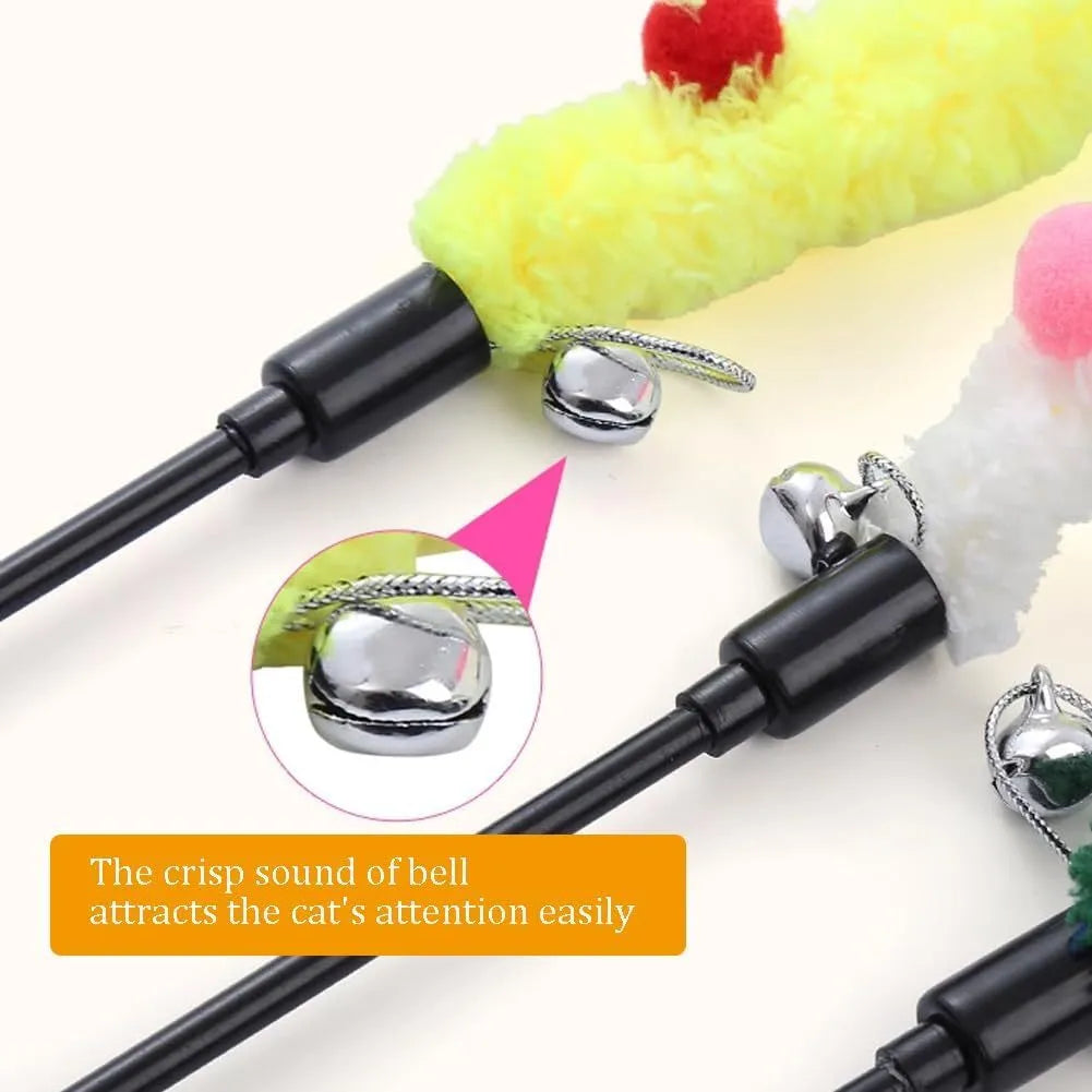 Blue green and pink plush strip cat teaser wand with bell on a 41cm pole