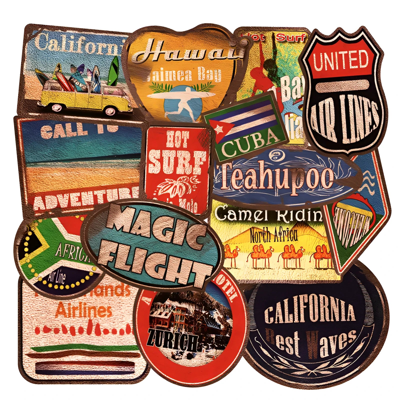 36 retro beach stickers in various 6-10cm sizes with vinyl PVC construction and matte film covering
