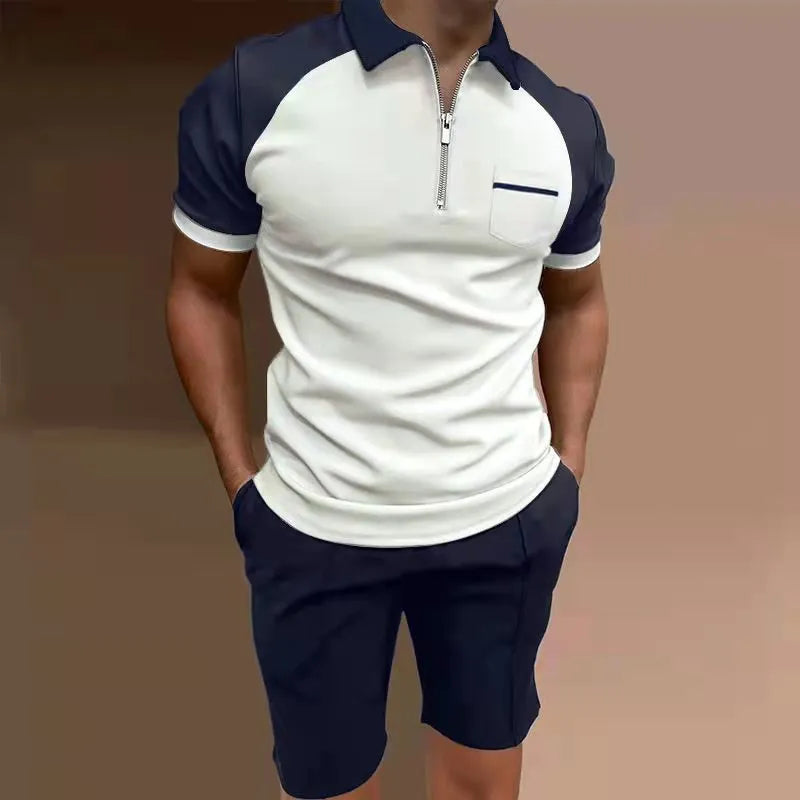 Men's printed polyester two-piece casual set with matching short sleeve top and shorts
