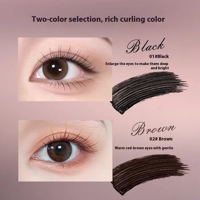Long curling mascara tube with applicator brush in black or brown colour options for eyelash definition