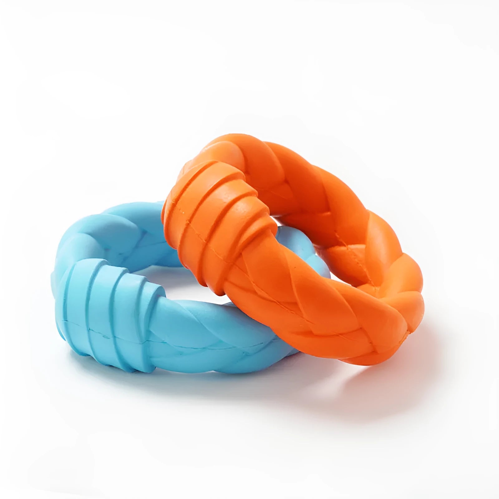 Blue rubber woven ring dog toy for teeth cleaning and interactive training on a plain background