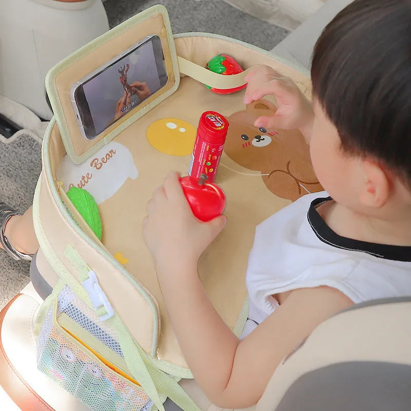 Children's car seat storage tray in Oxford cloth with a waterproof surface, showing Balloon Bear pattern