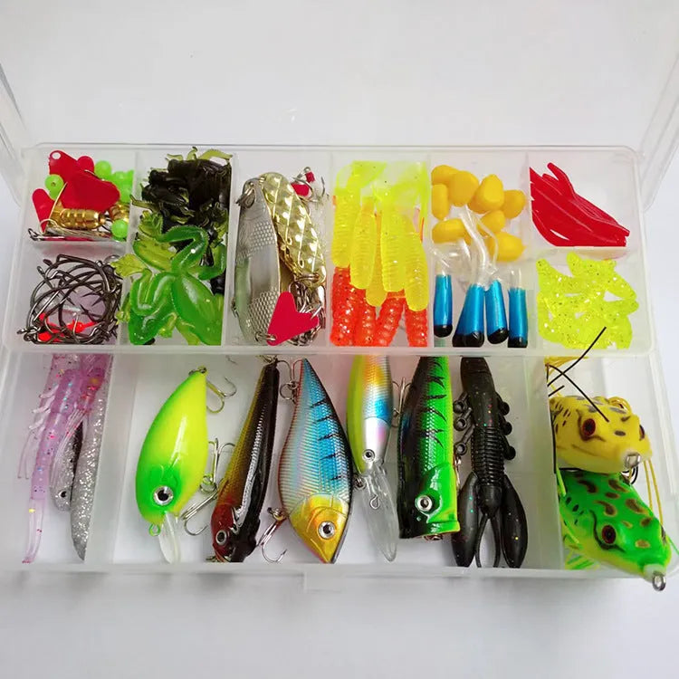 142-piece fishing lure kit with metal pliers and hard mino style lures