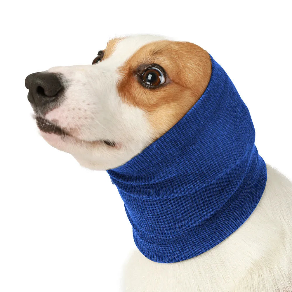 Blue and grey polyester dog headband scarf shown in small, medium and large sizes