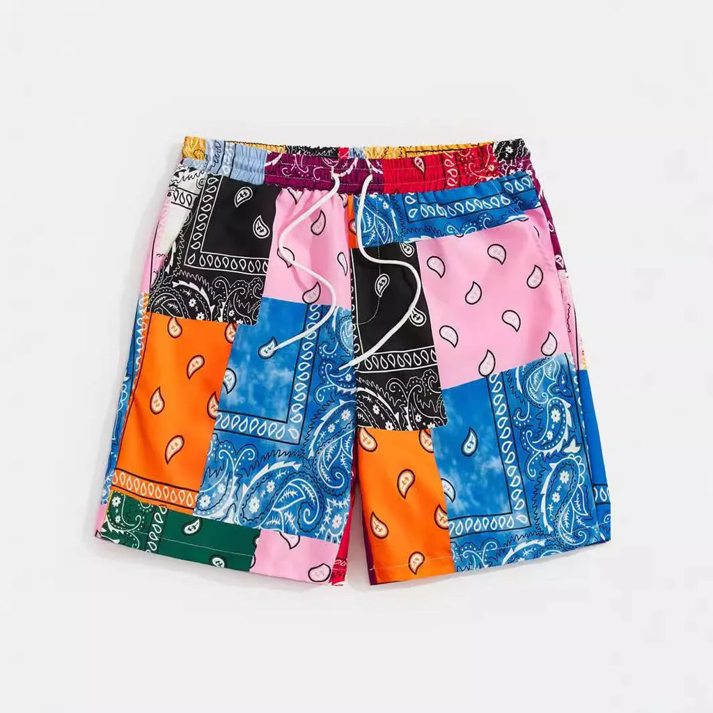 Men's mesh beach shorts in thin polyester fabric with printed pattern, available in multiple colours and sizes S to 5XL