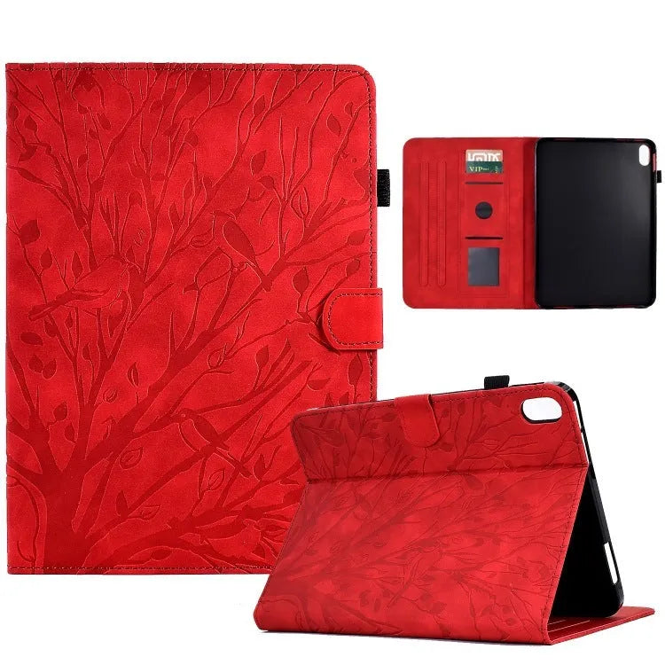Imitation leather tablet protective case in khaki colour with an engraved texture and built-in stand, open to show an iPad.