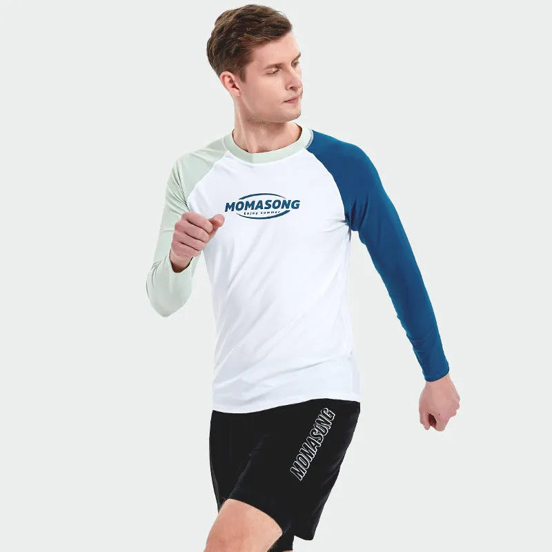 White men's long-sleeved swimsuit top and matching swimming trunks for beach sports