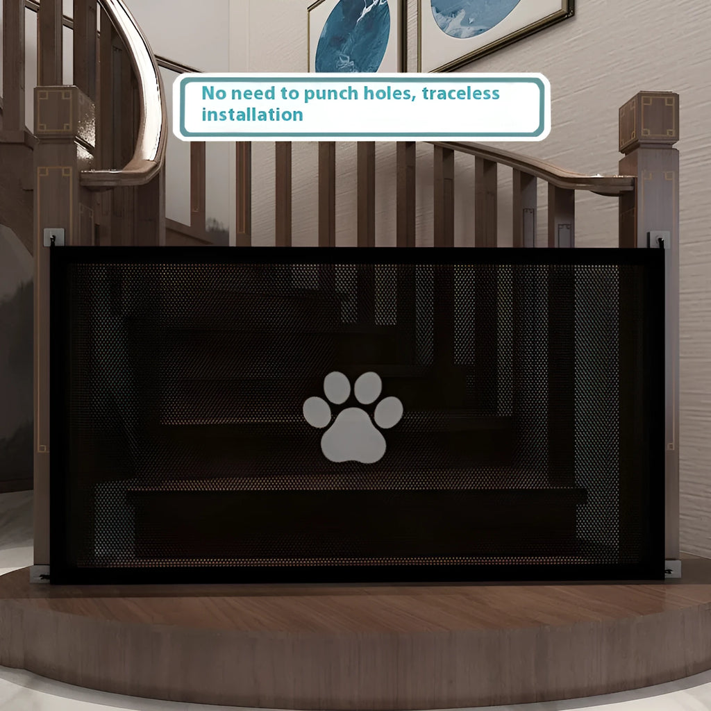 Portable punch-free dog barrier net fence showing cloth material with plastic rod construction and pet doorsill design