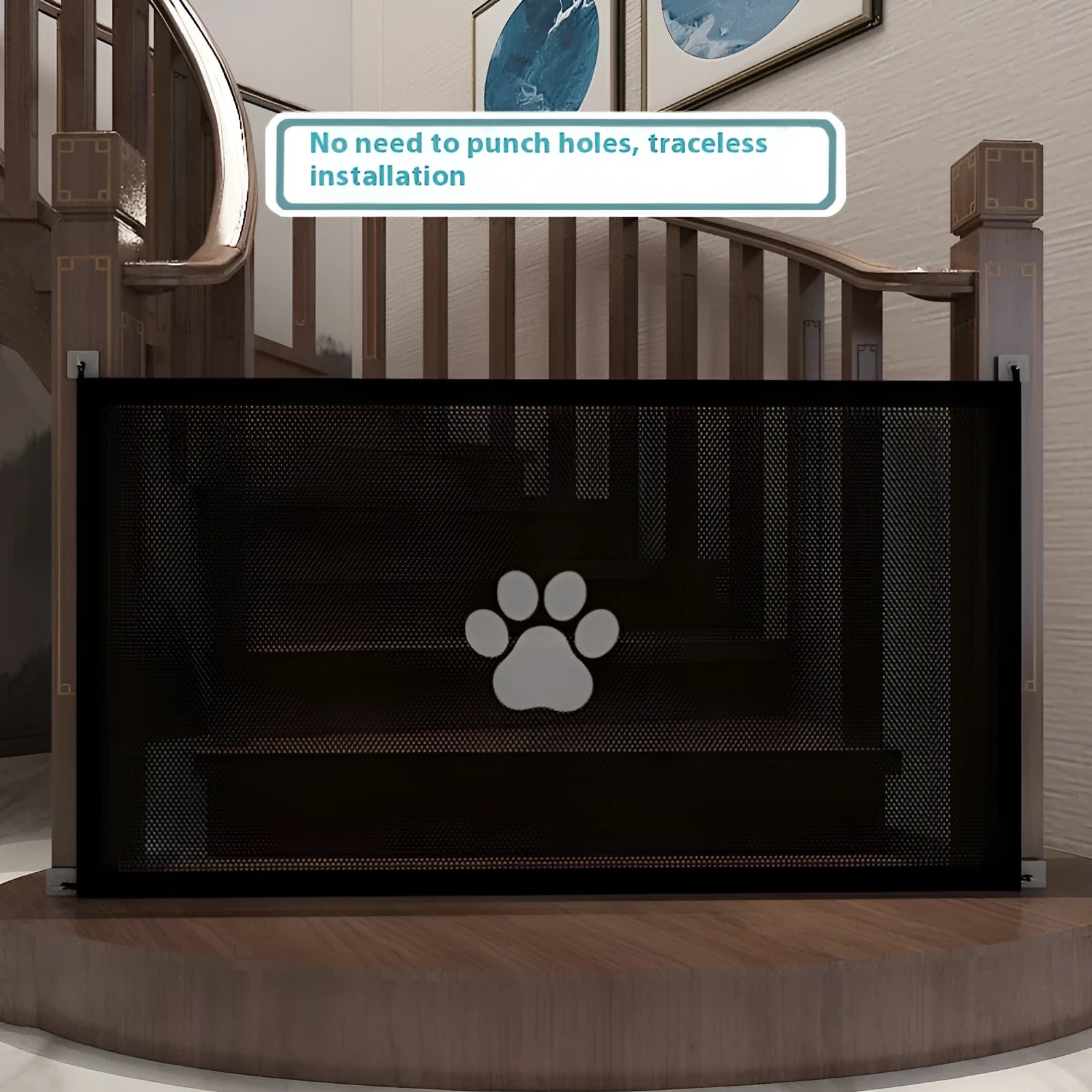 Portable punch-free dog barrier net fence showing cloth material with plastic rod construction and pet doorsill design