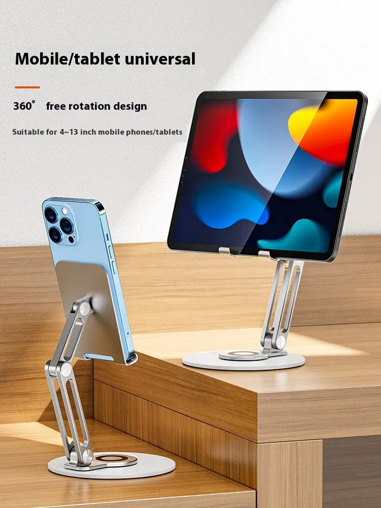 Compact 360-degree rotating mobile phone and tablet stand in metal and silicone, bright moon silver colour