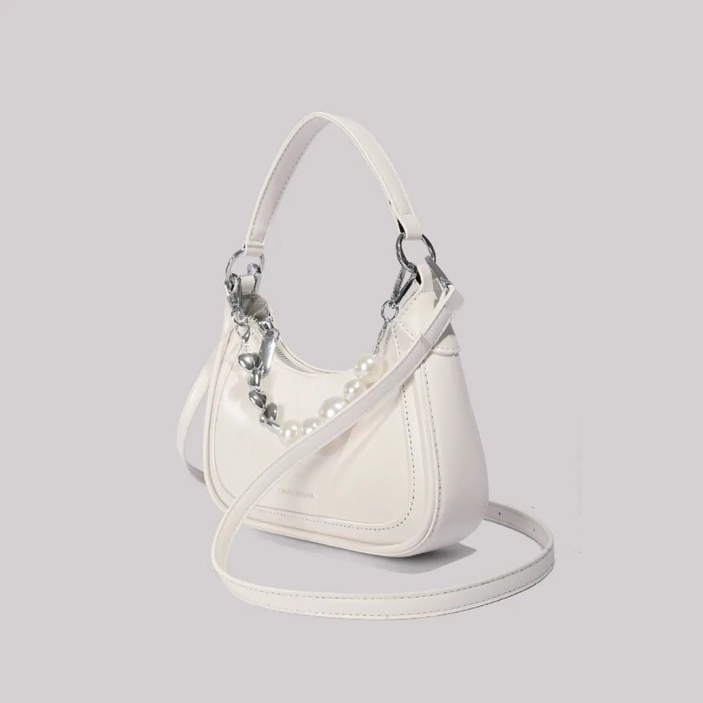 White PU crossbody bag vertical square shape with sewing line detail and three-dimensional outer pocket