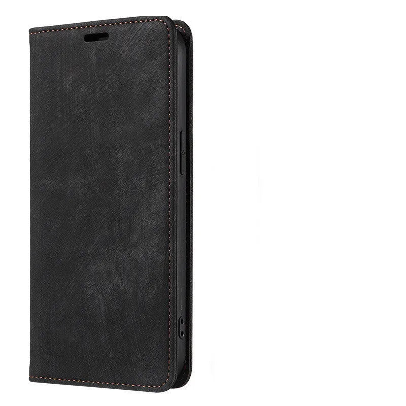 Magnetic flip phone case for iPhone in a solid colour, showing TPU frame and leather cover.