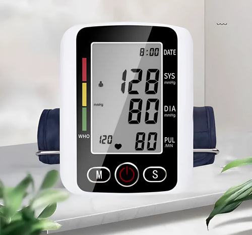 Automatic electronic arm blood pressure monitor with large LCD screen and black cuff.