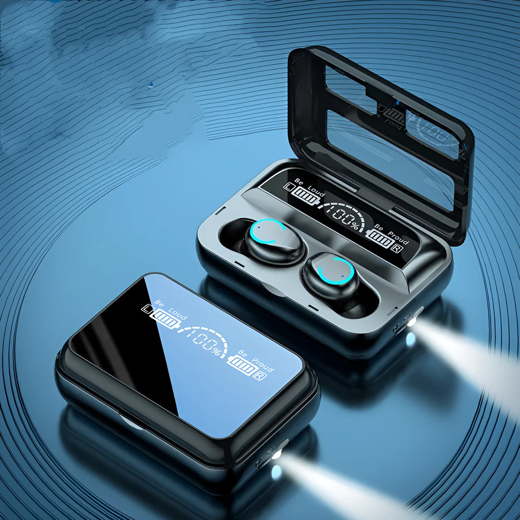 R12 luxury mirror black Bluetooth sports in-ear headset with magnetic charging bay and flashlight