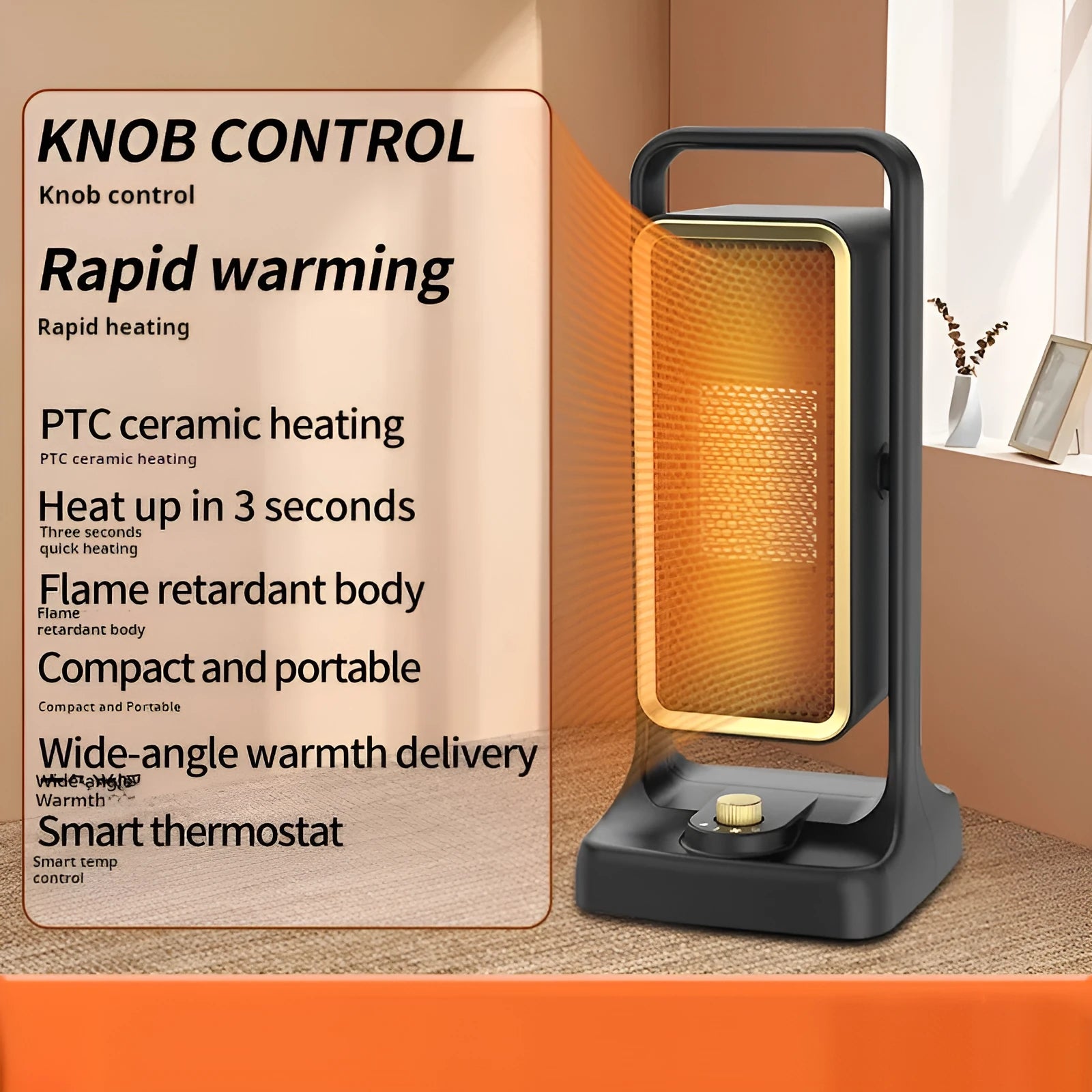 Black PTC ceramic desktop heater with control knob, measuring 14.9cm wide by 33.5cm tall.