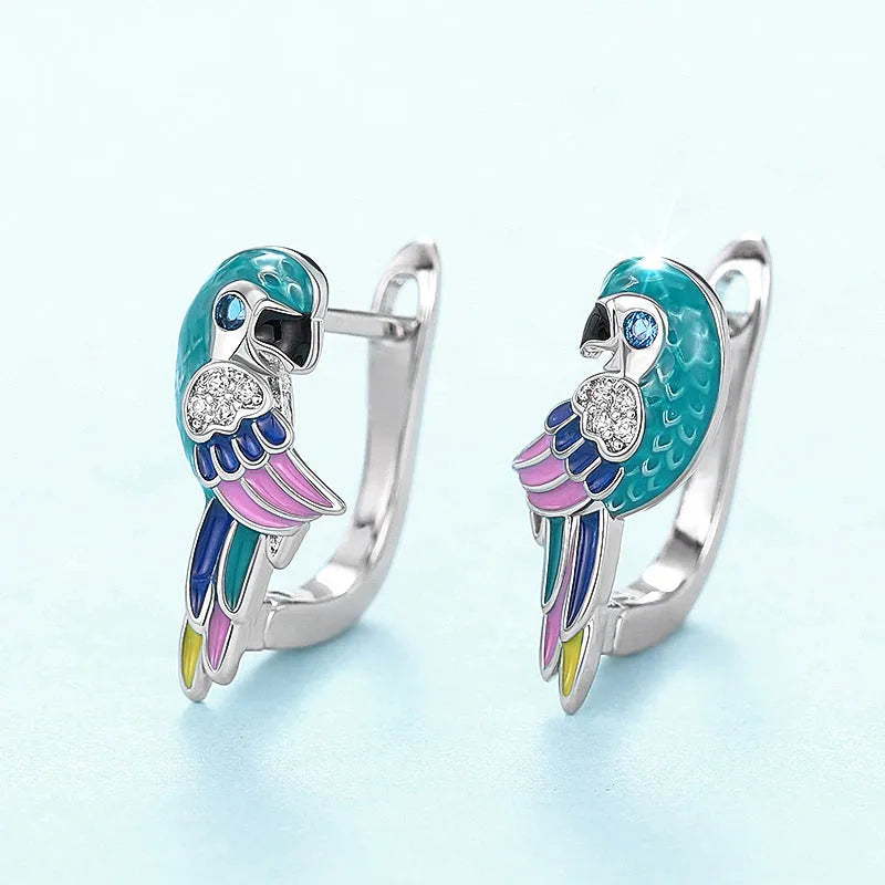 Oil dripping parrot earclip with white gold zircon stones on copper base