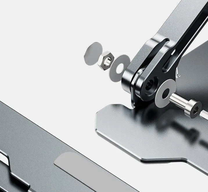 Aluminum laptop stand in folded position showing adjustable mechanism and silicone protection pads