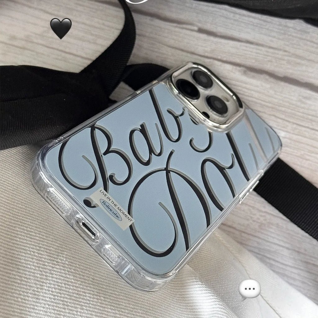 Blue transparent iPhone case with mirror finish showing English letters on back