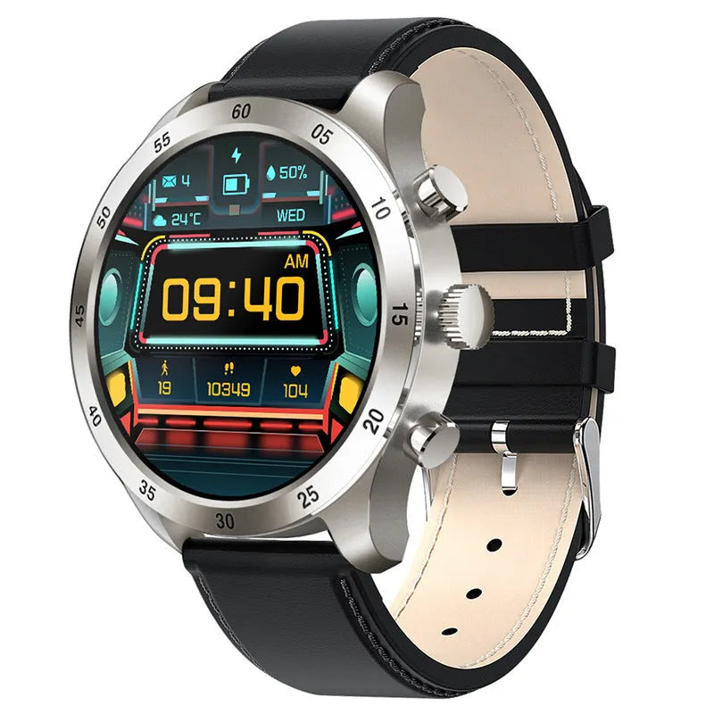 Black Bluetooth smart watch for Apple iOS with a steel strap, showing call and health monitoring functions on its display.