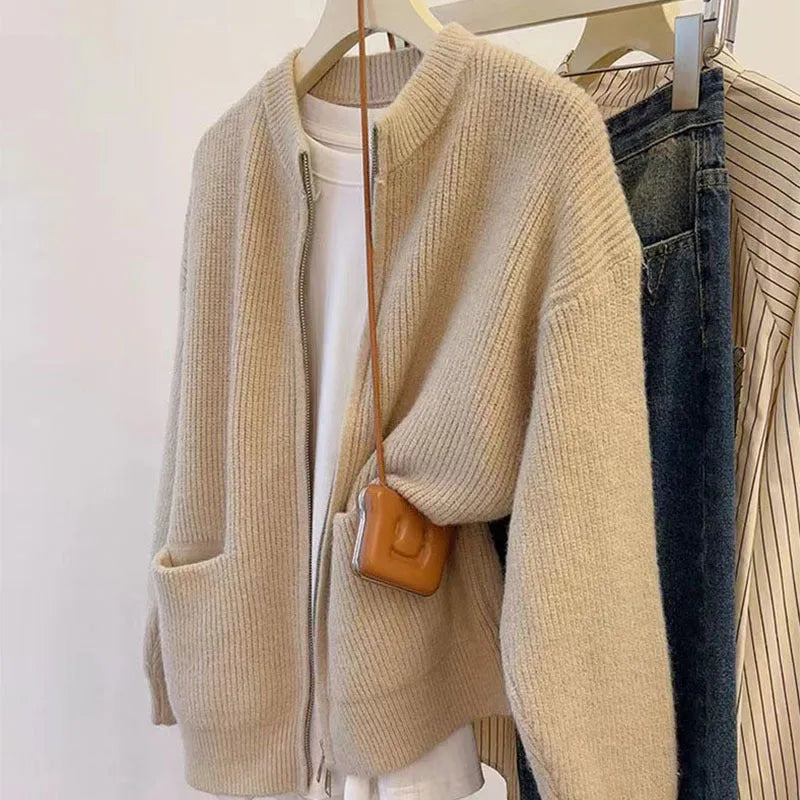 Beige viscose fibre sweater coat with long sleeves cardigan styling