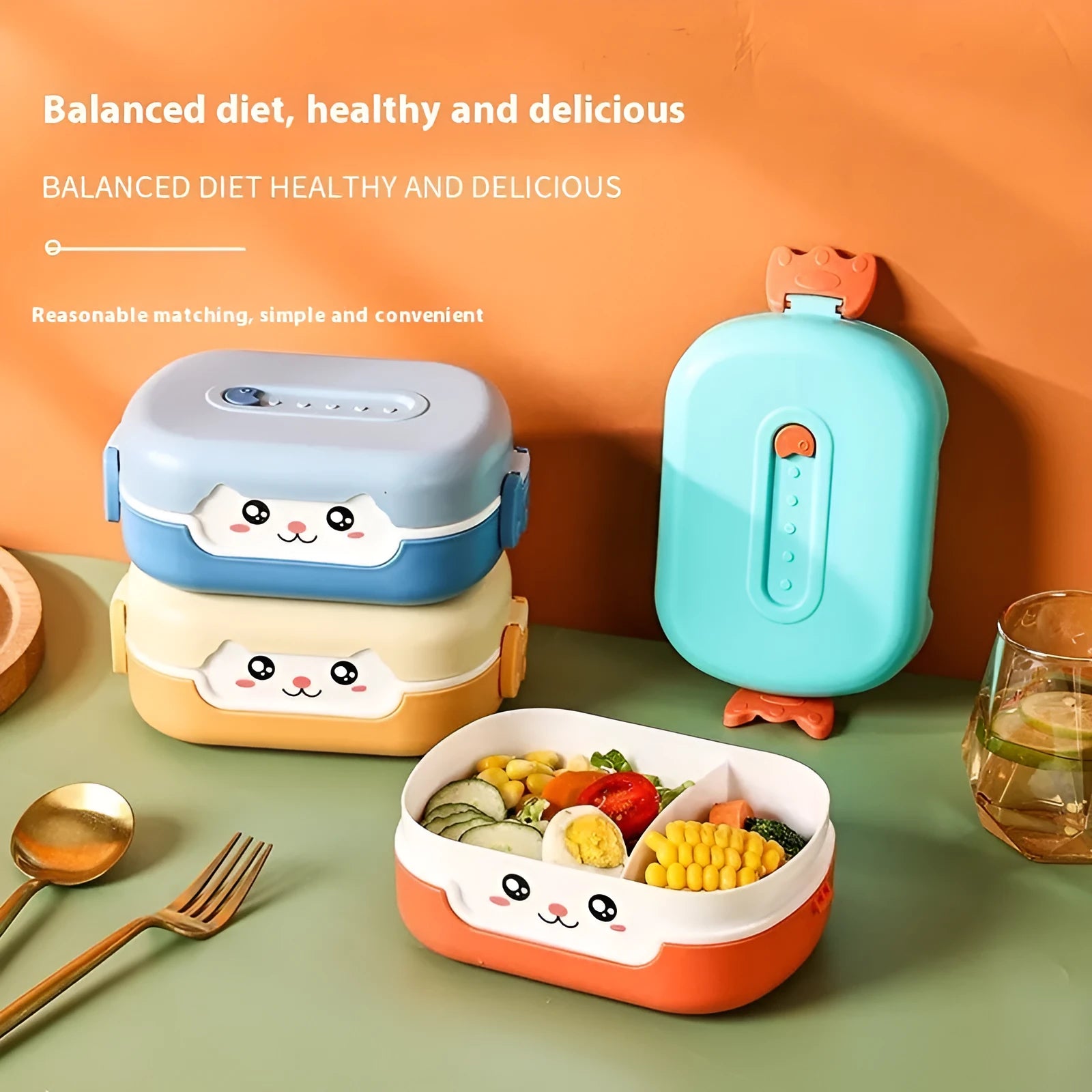 Portable divided plastic lunch box with square shape and cartoon styling in multiple colour options