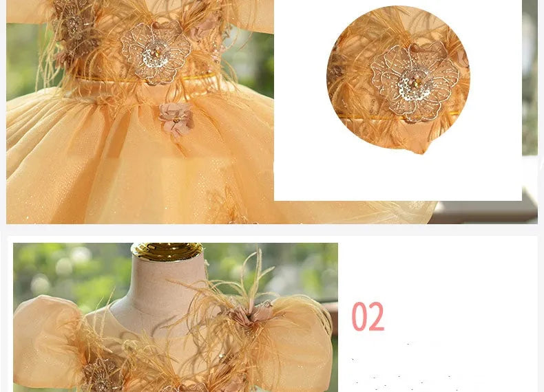 Girls princess dress in Champagne Gold with sequins and flower pettiskirt